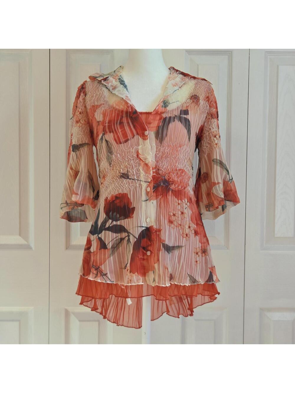Y2K Sheer Red Floral Crinkle Fairy Top Blouse Cache Romantic Retro Boho Tunic